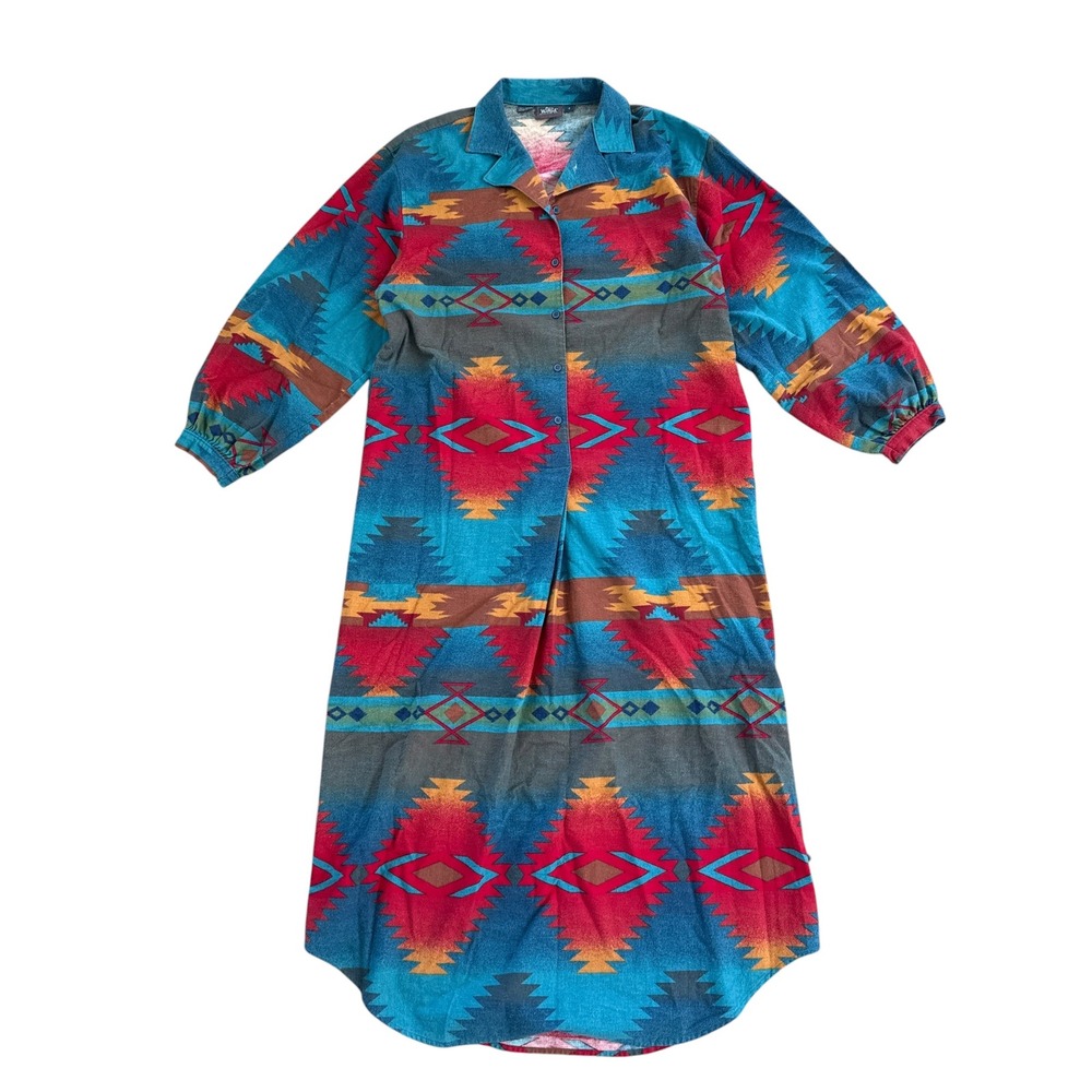 Woolrich Flannel Nightgown Dress Navajo Southwest Aztec Vintage Small Teal Red